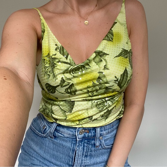 90s Y2K Vintage Forever 21 Green Floral Drape Neck Sequin Tank Top - Picture 1 of 5